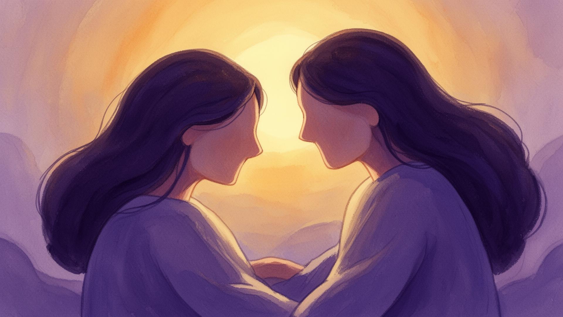 Duas pessoas em conversa acolhedora ao pôr do sol